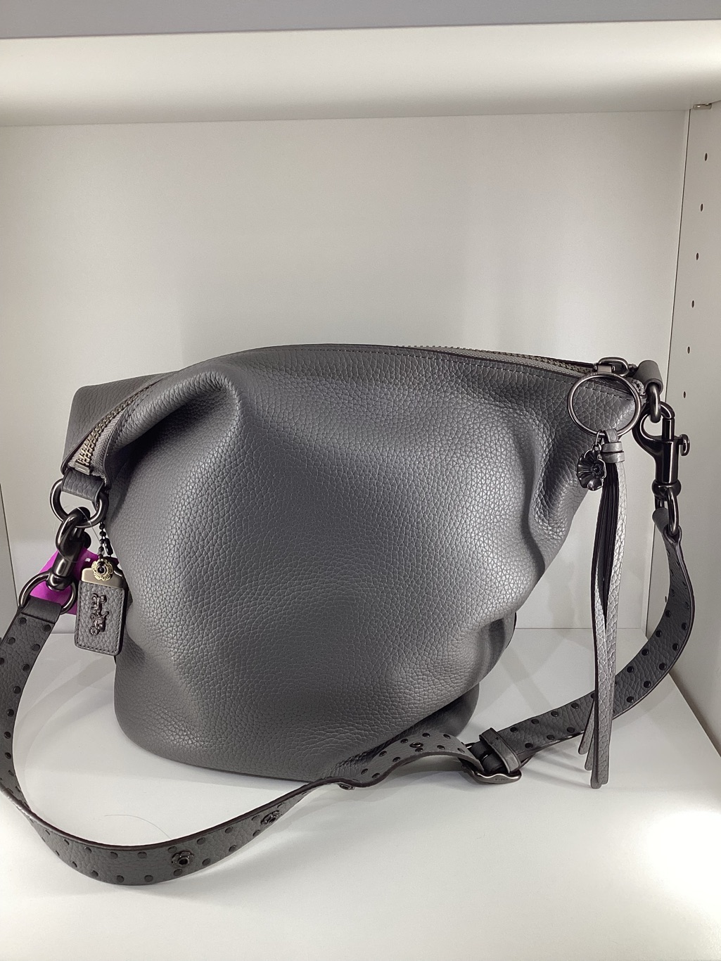 Nwt Coach Zip Top Stud Strap Grey Pebbled Leather Bag Tote Purse
